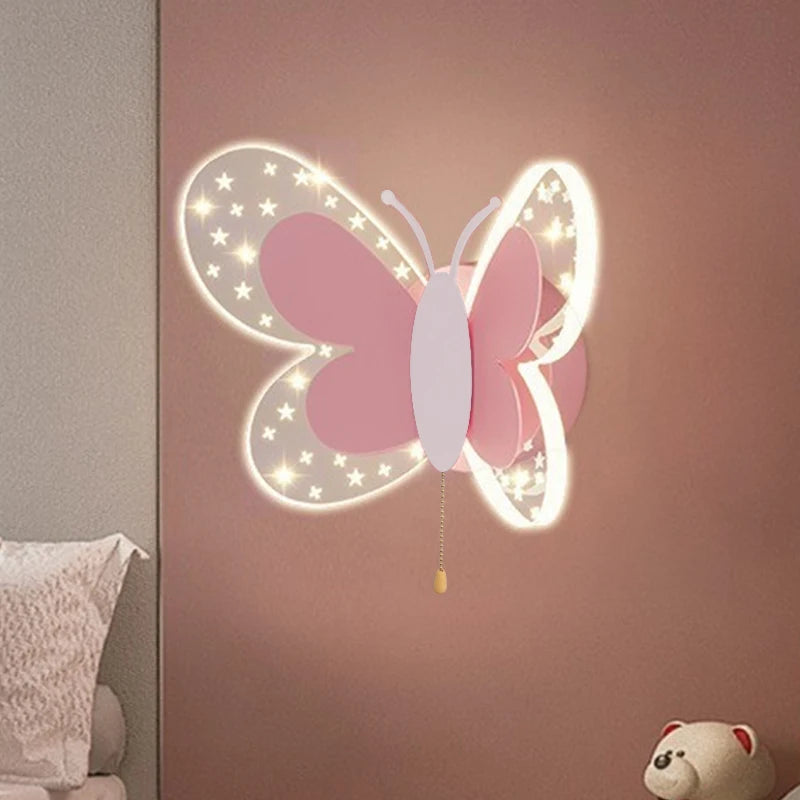 Butterfly LED Wall Lamp Tricolor Adjustment Pull Switch Children Room Wall Light Creative Living Room Bedside Home Ddecor Lamps