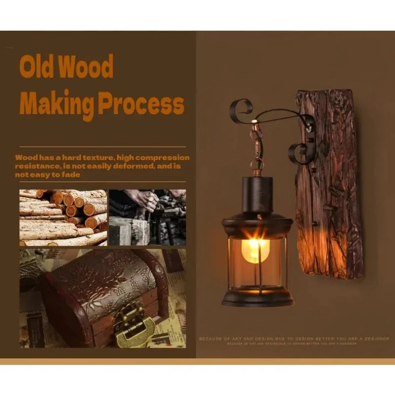 Antique New Style Industrial Wood Wall Sconce Light Rustic Wall Lamp Decorate Wall Light Iron Metal Art for Bar Loft Corridor