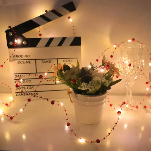 1pc 20/50 LED Red/White Pearl String Lights Pearlized Copper Wire Fairy Lamp Battery Powered For Home Wedding Festival Decor