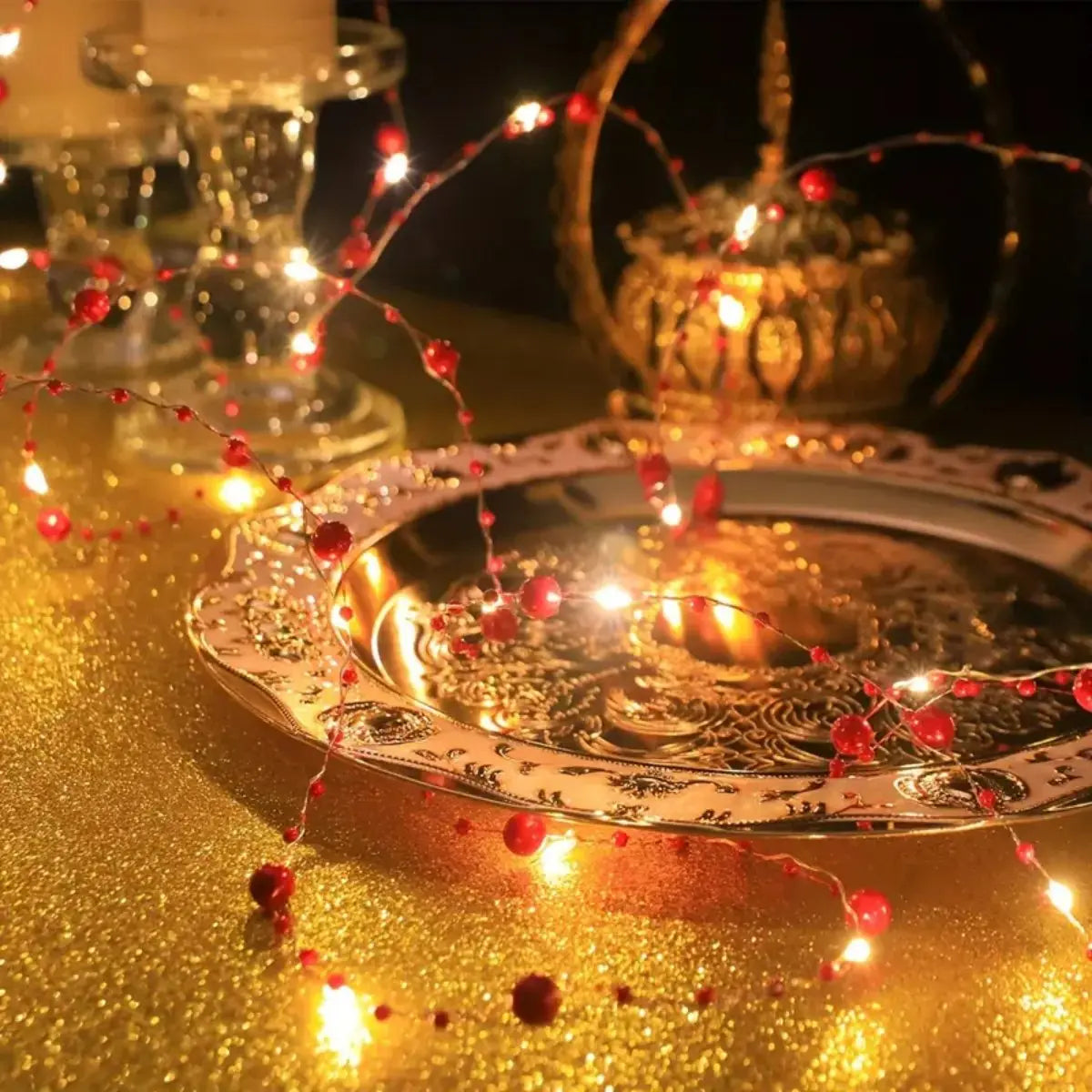 1pc 20/50 LED Red/White Pearl String Lights Pearlized Copper Wire Fairy Lamp Battery Powered For Home Wedding Festival Decor