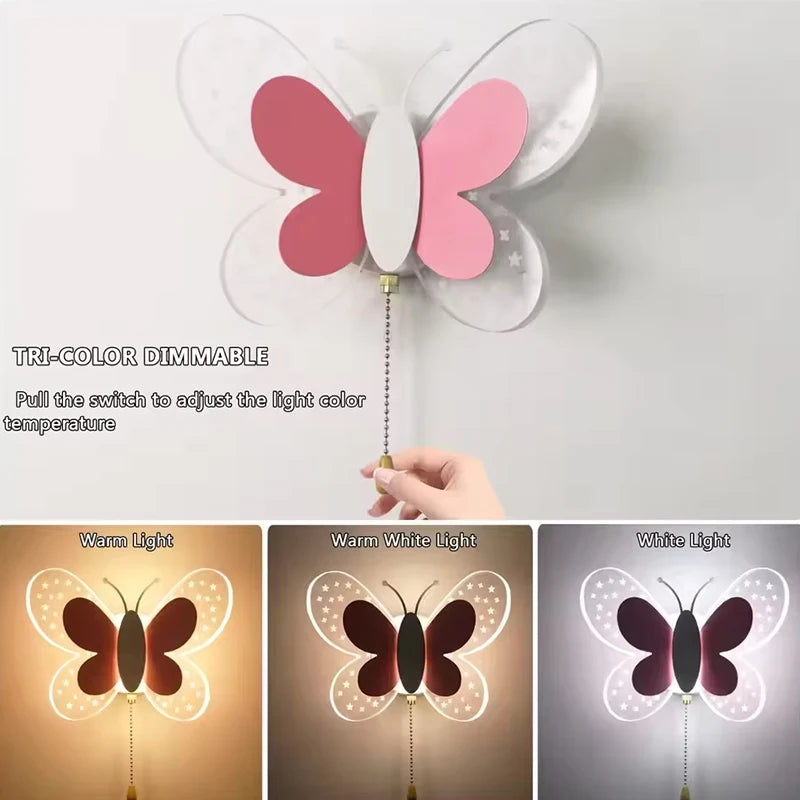 Butterfly LED Wall Lamp Tricolor Adjustment Pull Switch Children Room Wall Light Creative Living Room Bedside Home Ddecor Lamps