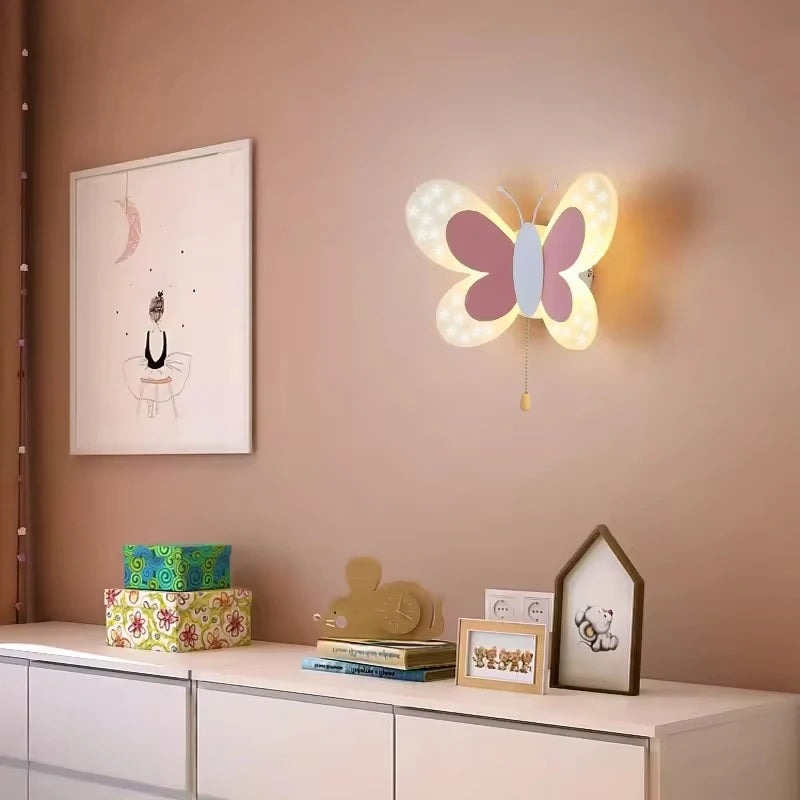 Butterfly LED Wall Lamp Tricolor Adjustment Pull Switch Children Room Wall Light Creative Living Room Bedside Home Ddecor Lamps