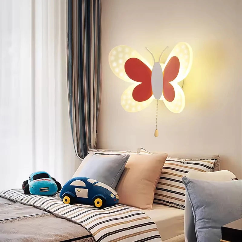 Butterfly LED Wall Lamp Tricolor Adjustment Pull Switch Children Room Wall Light Creative Living Room Bedside Home Ddecor Lamps