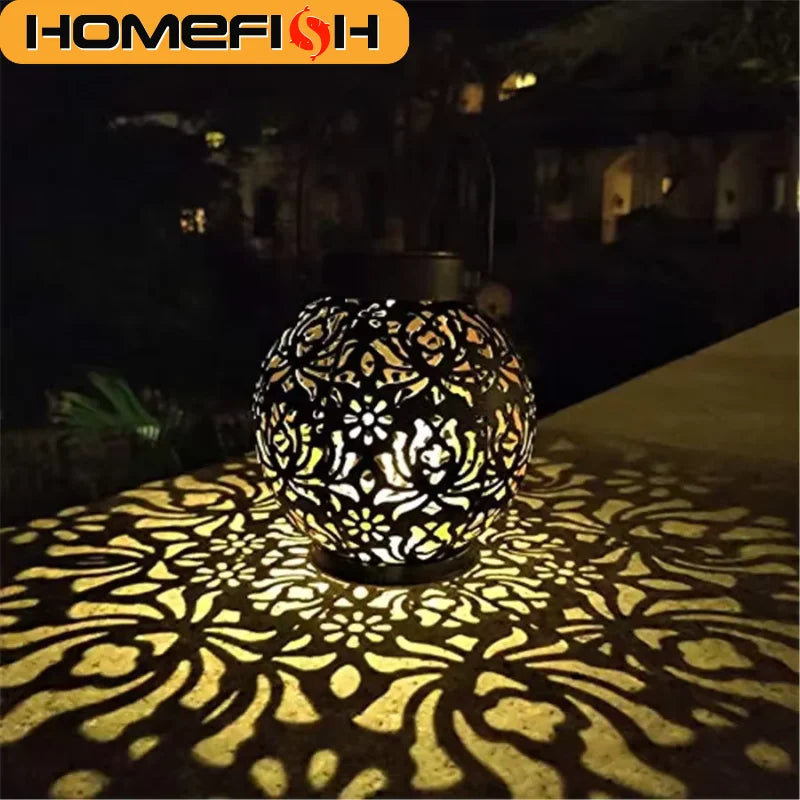 HOMEFISH Outdoor Solar Iron Art Hanging Light Hollow LED Waterproof Landscape Projection Lamp for Garden Decor