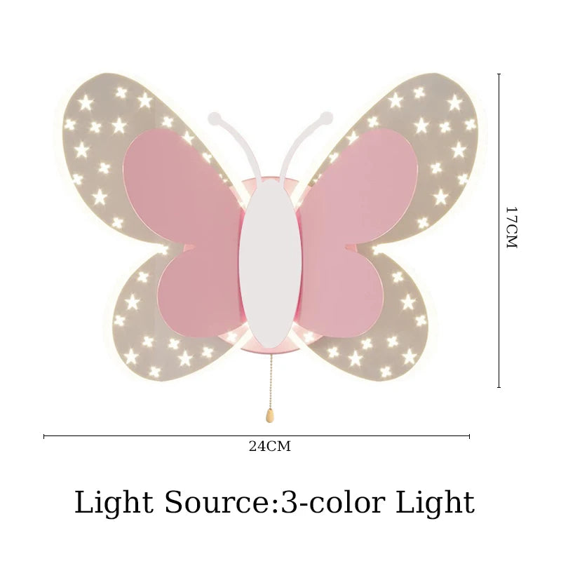 Butterfly LED Wall Lamp Tricolor Adjustment Pull Switch Children Room Wall Light Creative Living Room Bedside Home Ddecor Lamps